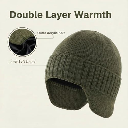 Home Prefer Mens Winter Hat Knit Earflap Hat Stocking Caps with Ears Beanie Hat - color: Army Green
