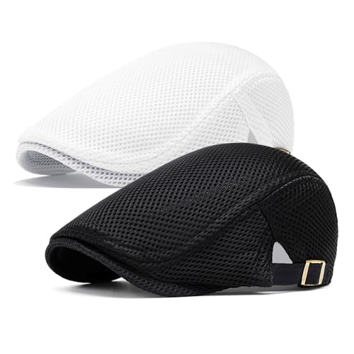 meioro Mens Breathable Mesh Summer Hat Adjustable Flat Cap Newsboy Beret Ivy Cap Irish Cabbie Fishing Hats - color: Black+white