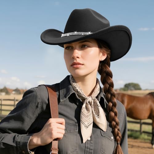 Western Cowboy Hats for Women Classic Felt Wide Brim Fedora Hat with Belt Buckle Retro Panama Hat Unisex Rolled up Cap - color: 1 Pack : Black With 3 Rhinestones Bands