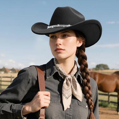 Western Cowboy Hats for Women Classic Felt Wide Brim Fedora Hat with Belt Buckle Retro Panama Hat Unisex Rolled up Cap - color: 1 Pack : Black With 3 Rhinestones Bands