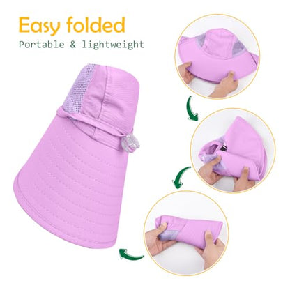 Kids Sun Hat UPF50+ Summer Beach Play Sun Protection Hats with Neck Flap for Ages 5~14 Girls Boys - color: Blue＆purple