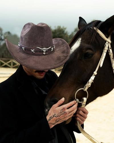 Western Cowboy Hat for Men Wide Brim Suede Cattleman Cowgril Hats - color: Coffee Belt/Coffee