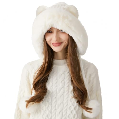 HUAMULAN Women Winter Sherpa Beanie Hats Knit Ear Flaps Fleece Lined - color: Cream White