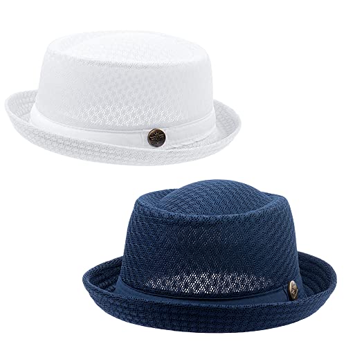 Summer Mesh Pork Pie Hat,Men Women Straw Fedora Cap,Lightweight Bowler Cap - color: White+navy Blue