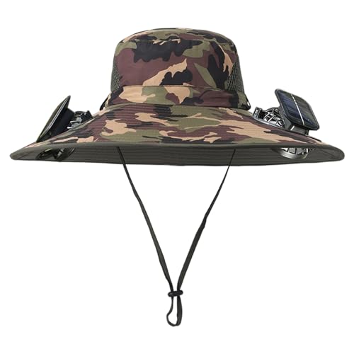 Men Women Wide Brim Sun Hats with 2 Solar Fan Waterproof Breathable Bucket Hat Outdoor Fishing Hat for Hiking Camping - color: Camo Green