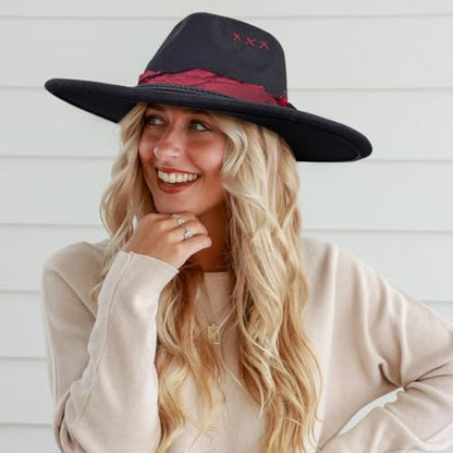 Big Brim Fedora Mens Women Boho Hat Handmade Dress Up Hats - color: Blackred