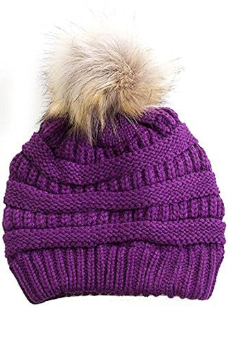 Gravity Threads Cable Knit Faux Fur Pom Pom Beanie Hat - color: Dark Purple