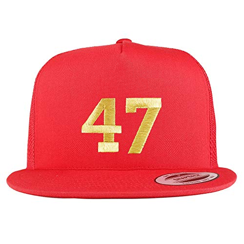 Trendy Apparel Shop Number 47 Gold Thread Embroidered Flat Bill 5 Panel Trucker Cap - color: Red