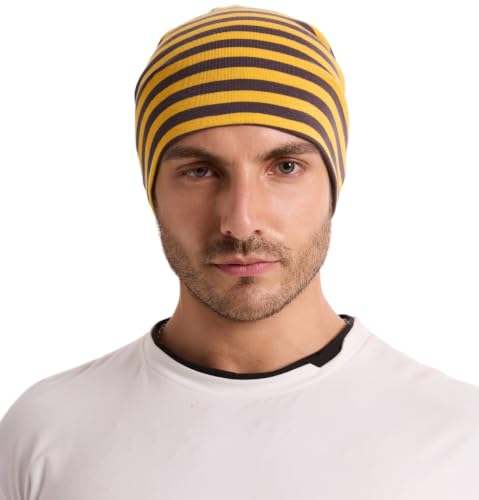 ZLYC Cotton Thin Slouchy Beanie Hat for Men Women Stretch Skull Cap - color: Striped Brown and Yellow, size: One Size
