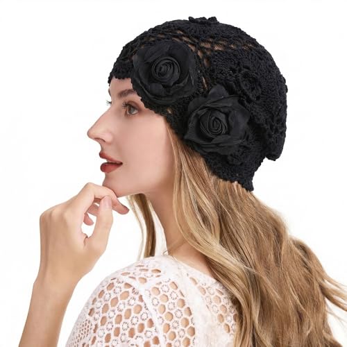 ZLYC Women Cotton Crochet Slouchy Beanie Hat Handmade Knit Summer Skull Cap - color: Decorative Flowers Black