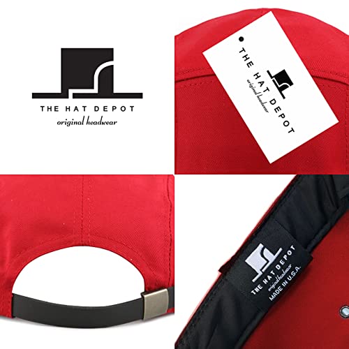 The Hat Depot Made in USA Cotton Twill 5 Panel Flat Brim Genuine Leather Brass Biker Board Cap - color: Red