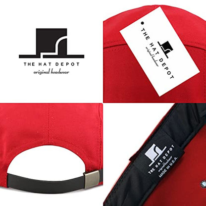 The Hat Depot Made in USA Cotton Twill 5 Panel Flat Brim Genuine Leather Brass Biker Board Cap - color: Red
