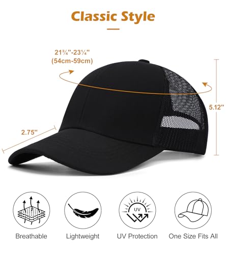 Blank Mesh Back Trucker Hat for Men and Women, Unisex Adjustable Snapback Baseball Cap, Adult Plain Classics Retro Hat - color: Black