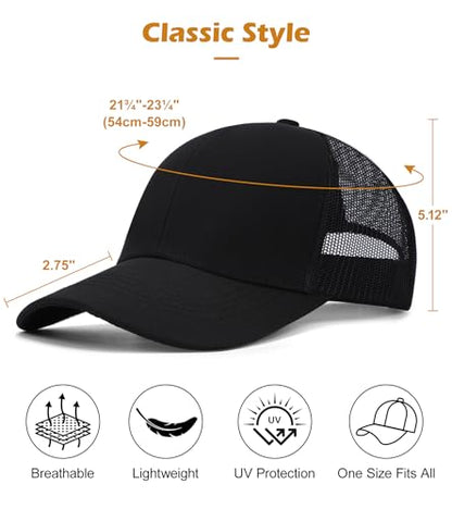 Blank Mesh Back Trucker Hat for Men and Women, Unisex Adjustable Snapback Baseball Cap, Adult Plain Classics Retro Hat - color: Black