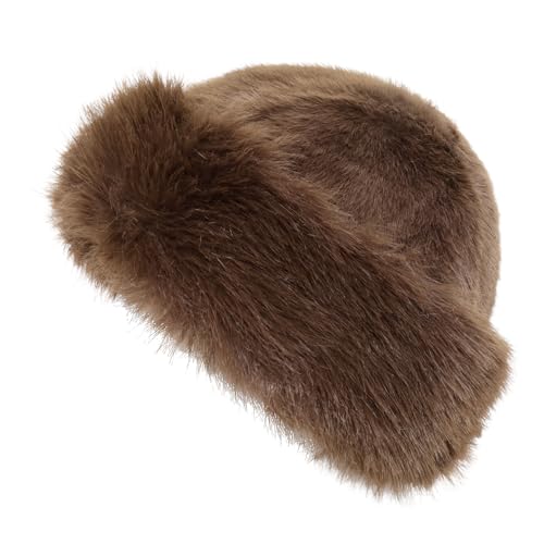 Womens Faux Fur Hat Winter Thickened Bucket Hat Warm Faux Fur Hats Plush Mongolian Hats Russian Beret for Women - color: Coffee