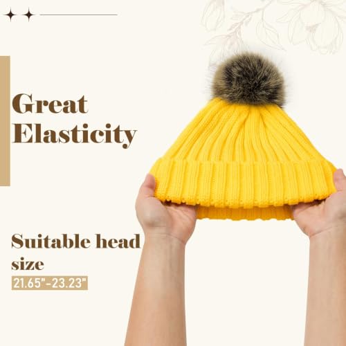 Satin Lined Beanie for Women with Detachable Pom Pom, Winter Cuffed Hat - color: Yellow