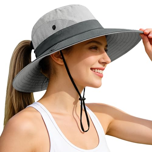 Rosoz Ponytail Sun Bucket Hats for Women UV Protection Foldable Wide Brim - color: 1 Pack-light Grey