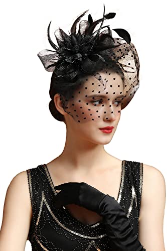 Fascinators Hat Feather Headband Women's Fascinators Tea Party Headwear with Clip Derby Hat for Girls and Women - color: 1 Black