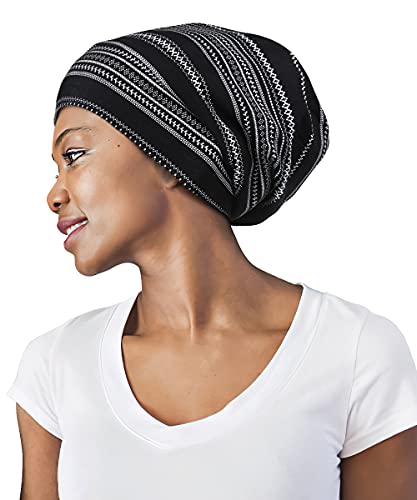 Adjustable Satin Lined Sleep Cap for Dreadlocks Curly Hair Large Head-Stay On Overnight - color: Black White