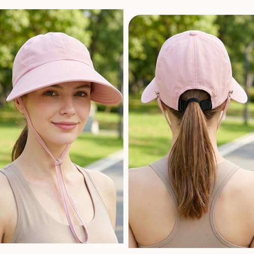 YAMEIZE Womens Bucket Sun Hat Packable Wide Brim Ponytail Beach Hat with Windproof Strap Sun Protection UPF50+ - color: Pink