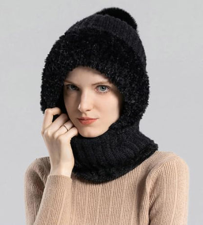 Womens Knit Beanie Hat Fleece Lined Winter Scarf Mask Set Snow Caps Plush Earmuff Skull Hats with Pompom - color: Beige