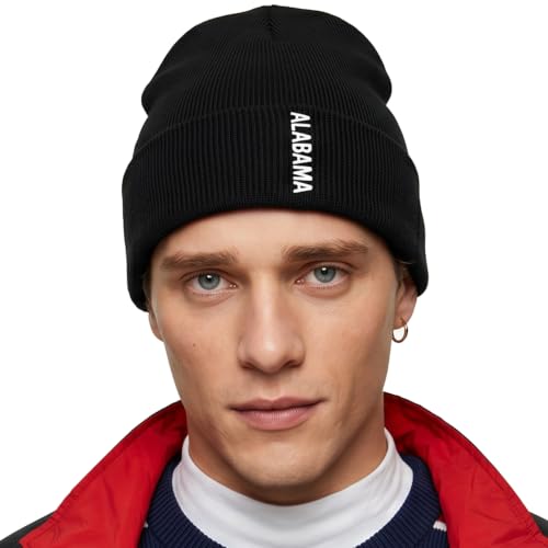 Daxton Vertical USA Cities Cuffed Beanie, Winter Knit Hat Skully Cap for Men Women, City Pride Daily Headwear - color: Alabama Black White