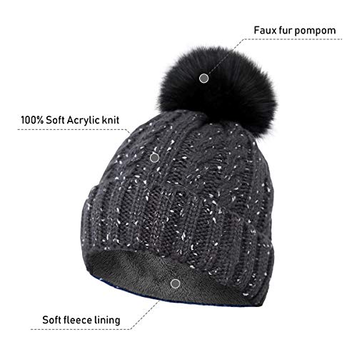 Womens Girls Winter Warm Pom Knit Ski Beanie Hat and Scarf Set - color: Grey
