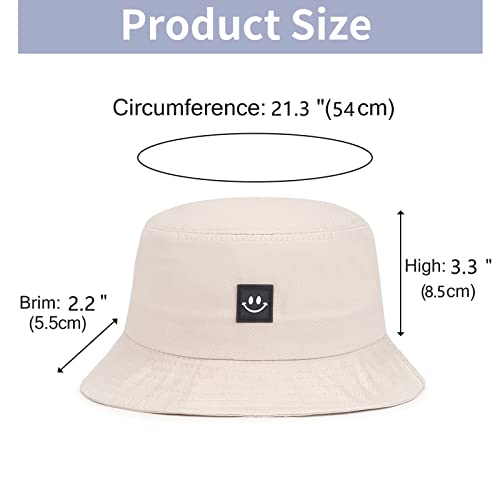 Kids Sun Hat Smile Face Bucket Hat for Girls Boys Summer Sun Protection Cotton Unisex Beach Cap - color: Beige