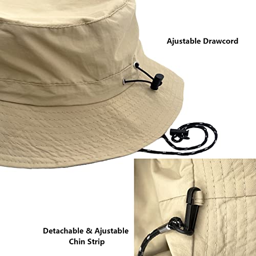 woogwin Waterproof Bucket Rain Hat with Chin Strap Quick Dry Packable Boonie Sun Hat Safari Hat UV Protection - color: Khaki