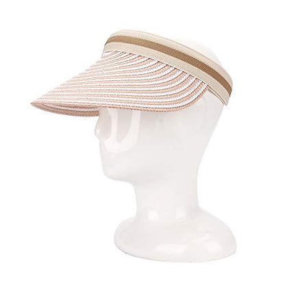 Women Summer Sun Hat Lady's Portable Beach Visor Bowknot Straw Hat - color: Pink Stripe