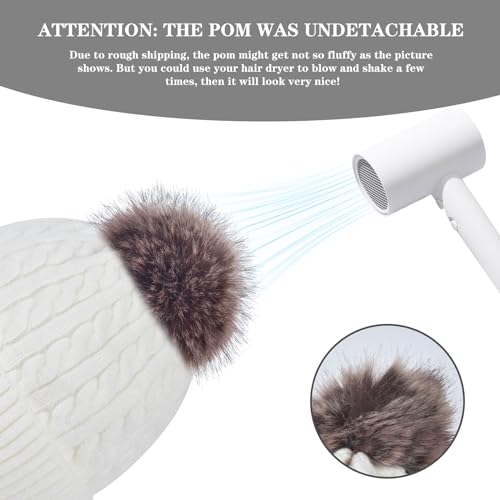 FENELY Women's Knitted Warm Beanie Winter Hat, Warm Chunky Snow Hat with Pompom - color: White