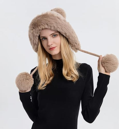 HUAMULAN Women Winter Sherpa Knit Beanie Hats Fleece Lined Ear Flaps - color: Khaki Solid