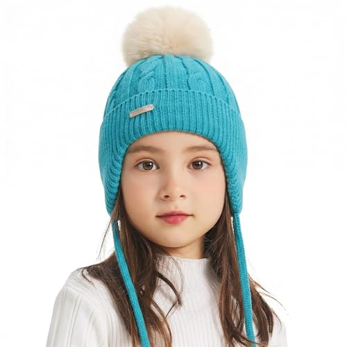 ZLYC Kids Girls Boy Winter Hat Cotton Lined Pom Pom Beanie Earflap Knit Cap - color: Solid Teal Blue