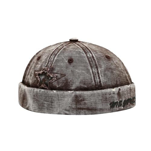 Unisex Washed Denim Distressed Rolled Cuff Brimless Docker Cap - color: Star-coffee
