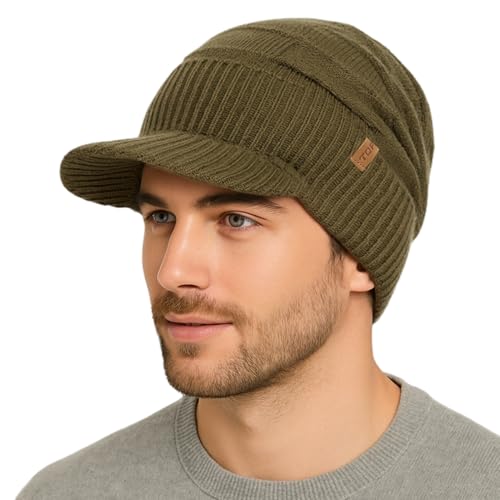 PolarWool™ 100% Merino Wool L/XL/XXL Fleece Lined Slouchy Visor Beanie Stocking Winter Hat with Brim Knit Cap for Men Women - color: Olive(ranger), size: X-Large-XX-Large