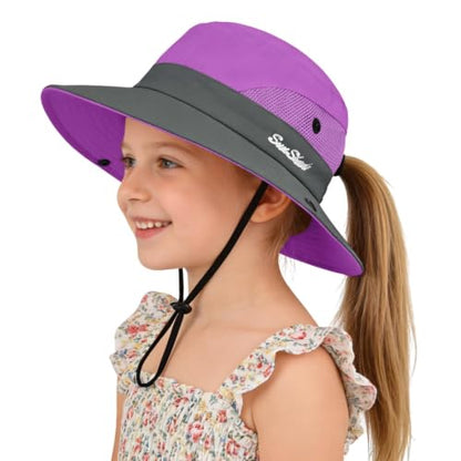 ZOORON Kids Girls Ponytail Sun Hat UPF 50+ Breathable Mesh Water-Resistant - color: Two-tone Purple
