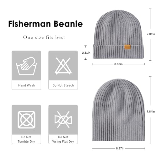 100% Merino Wool Fisherman Beanie Hat, Unisex Warm Winter Hats, Soft Breathable Knitted Short Cuffed Cap - color: Light Grey