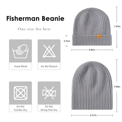100% Merino Wool Fisherman Beanie Hat, Unisex Warm Winter Hats, Soft Breathable Knitted Short Cuffed Cap - color: Light Grey