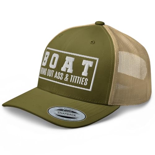 NG Boat Bring Out Ass and Titties Curved Bill Trucker Hat Mid Crown Adjustable Funny Adult Humor Cap - color: Moss/ Khaki