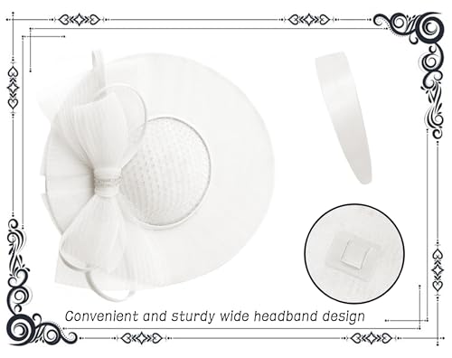 dressfan Wide Brim Fascinator Hats for Women,20s Linen Rhinestones Bow Big Hat for Derby Church Wedding Tea Party - color: White