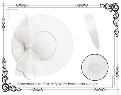 dressfan Wide Brim Fascinator Hats for Women,20s Linen Rhinestones Bow Big Hat for Derby Church Wedding Tea Party - color: White