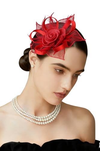 BABEYOND Fascinator Hats for Women Linen Flower Feather Tea Party Derby Hat - color: Red