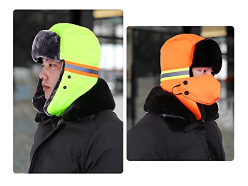 Mens Winter Thermal Trapper Hat Russian Ushanka Ski Hunting Dad Cap Ear Flaps Motorcycle Cycling Mask Women Warm Fur Snow Hat - color: 3-in-1 Green, With Reflective Strip