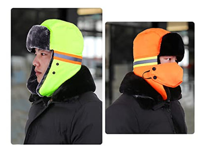 Mens Winter Thermal Trapper Hat Russian Ushanka Ski Hunting Dad Cap Ear Flaps Motorcycle Cycling Mask Women Warm Fur Snow Hat - color: 3-in-1 Orange, With Reflective Strip
