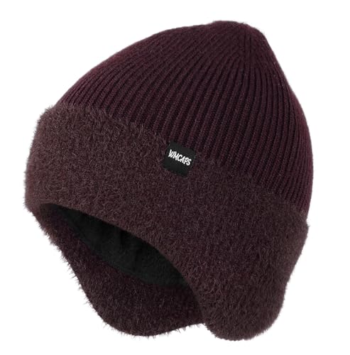 Wmcaps Winter Fleece Lined Beanie with Earflaps for Men Women Outdoor - color: Maroon