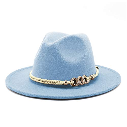 Lady Wide Brim Felt Fedora Panama Hat with Ring Belt - color: Baby Blue, size: Medium