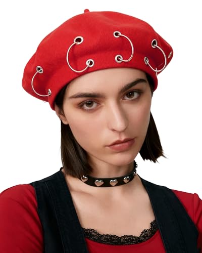 AWAYTR Punk Beret Hat for Women - 90% Wool Blend Goth Alt French Cap - color: Red