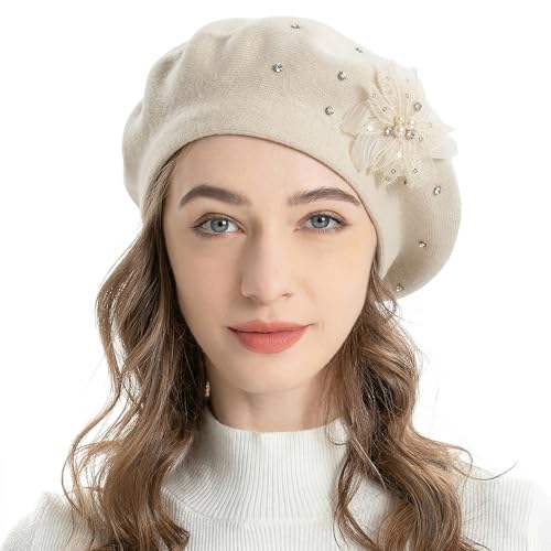 ZLYC Women French Beret Hat Reversible Solid Color Mosaic Warm Artist Cap - color: Bead Flower Beige