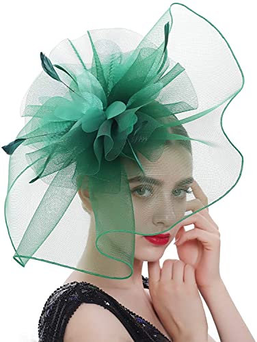 Women's Fascinators Hat for Women Tea Party Headband Wedding Cocktail Flower Mesh Feathers Hair Clip - color: 01 Green
