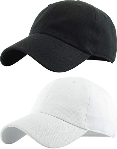 KBETHOS Classic Unisex Cotton Adjustable Low Crown Baseball Cap – Plain Dad Hat - color: Black + White (2 Pack)
